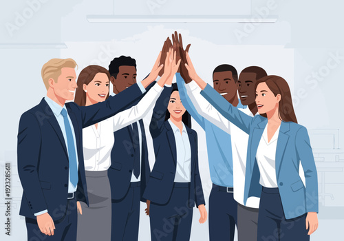 Diverse group of business professionals stacking hands together in unity and teamwork