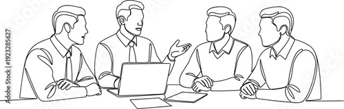 One line drawing of four businessmen sitting at a desk with a laptop for corporate team meeting brainstorming