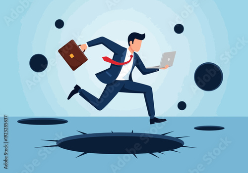 Businessman in a blue suit jumping over a hole with briefcase and laptop in hand quickly