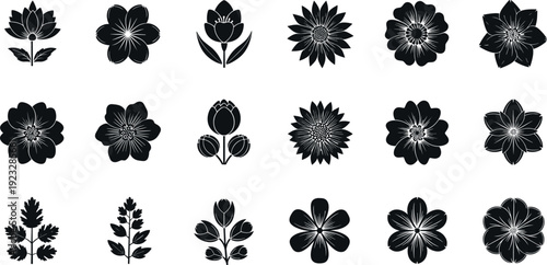 Floral silhouette icon set featuring blooming flowers, botanical shapes, petals, and decorative plant elements designed for nature themes, patterns, branding, and ornamental vector projects