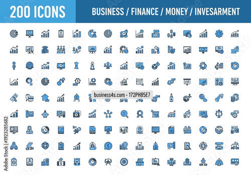 Collection of 200 business finance money and investment icons in blue