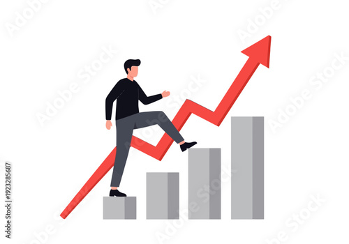 Businessman climbing up a growing graph with an upward trend arrow