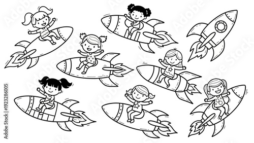Children Flying Rockets Cartoon Illustration.
