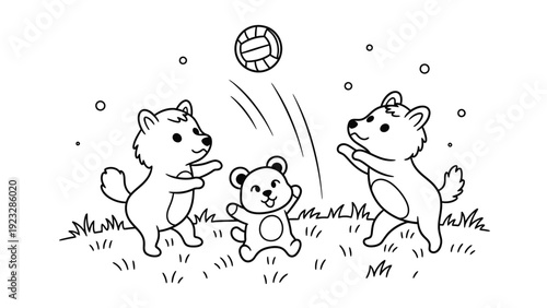 Cute cartoon animals playing volleyball together in a playful outdoor scene.