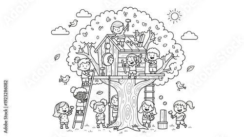 Children Playing in Treehouse.