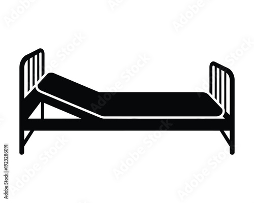 Black and white line of an adjustable hospital bed with metal railings