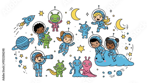 Diverse kids in space helmets.