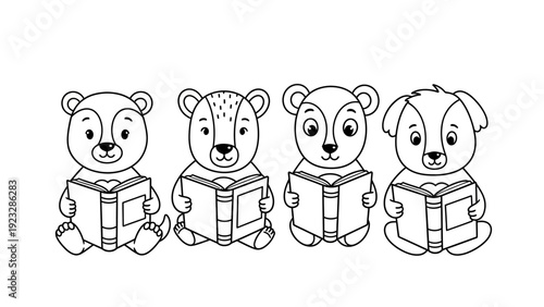 Cute cartoon animals reading books.