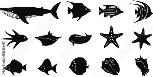 Marine silhouette vector illustration, ocean wildlife drawings, black and white line art, sea creature design elements, aquatic emblem collection