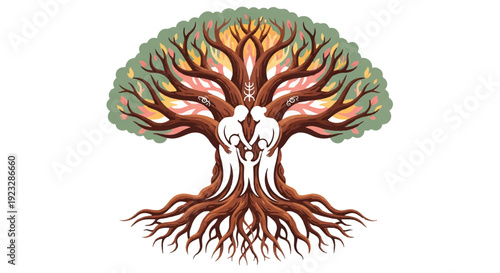 Symbolic Tree of Life with Two Figures Holding Hands, Representing Family, Love, and Connection