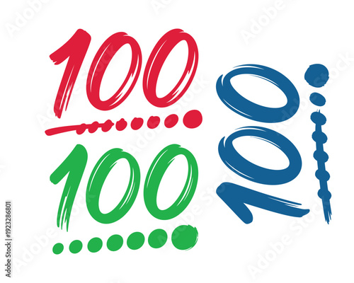 Colorful handwritten one hundred numbers in red green and blue with dots and swirls
