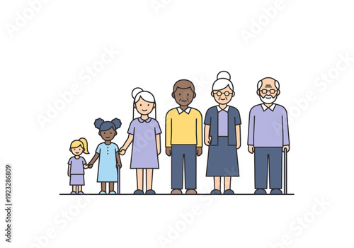 Diverse multi generational family members of different ages standing together in a line symbolizing unity and connection across generations within a
