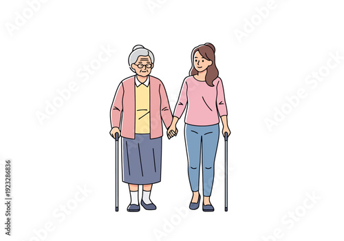 Elderly Woman With Walking Cane Assisted By Younger Woman Holding Hands In Outdoor Scene Representing Caregiving And Family Support