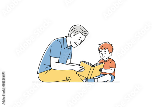 Caring man reads a storybook aloud to a young child learning with devoted attention and shared time together indoors over white background