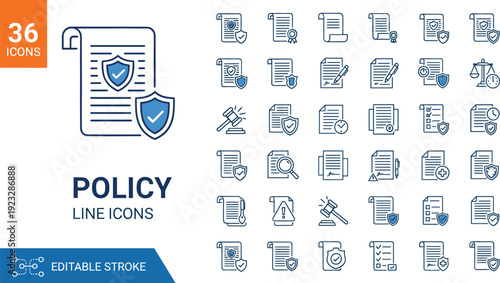 Set of 36 policy line icons for corporate governance legal documentation insurance protection and compliance concept