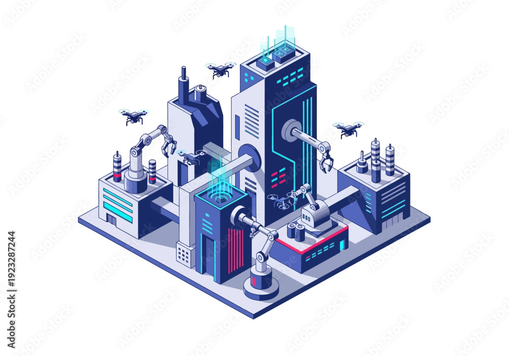 Naklejka premium Industrial facility with robotic machinery and automated systems, viewed from an isometric perspective, showcasing technological advancements in manufacturing processes.