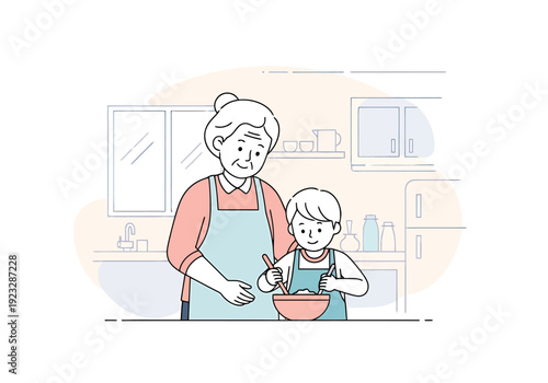 Elderly Woman and Young Boy Mixing Ingredients Together in Kitchen preparing Food Family Activity Domestic Scene