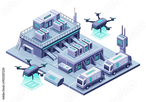 Isometric illustration of drones and vehicles surrounding an industrial facility with multiple buildings and equipment