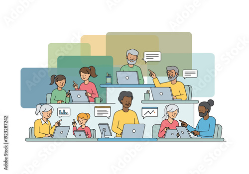 Diverse group of people learning or collaborating in an office or classroom setting with laptops and tablets