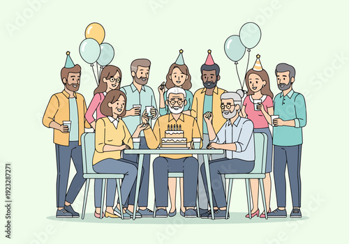 Generational Family Gathering Celebrates Senior Man x20 s Milestone Birthday With Cake Balloons And Joyful Friends