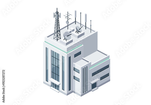 Modern Telecommunication Building with Antenna Towers and Satellite Dishes on Rooftop, Isometric Illustration