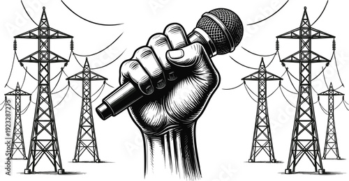 Hand Holding Microphone with High Voltage Electric Transmission Towers Vector Illustration for Powerful Communication Podcast Energy Public Speaking and Vocal Performance Industry Branding Concepts