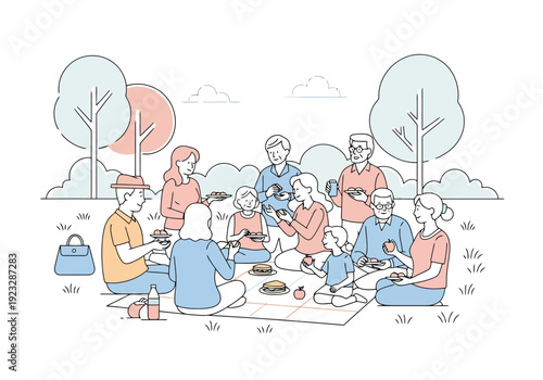Multigenerational Family Enjoying Outdoor Picnic Gathering Together On Sunny Day Relaxation Leisure Activity Nature Scene Casual Celebration