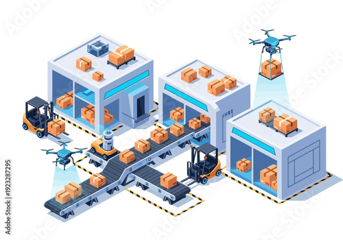 Packages being transported on conveyor belt through warehouse with drones and forklift
