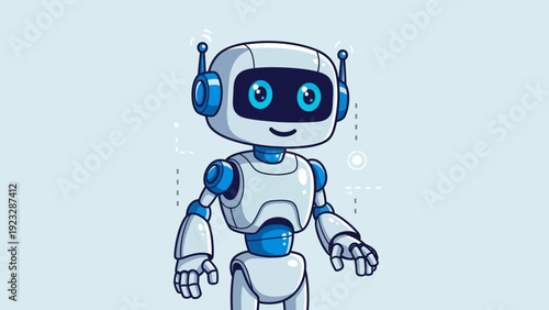 Robot Wearing Blue Headphones Smiling.