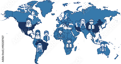 Map with blue shaded countries and diverse cartoon characters in cultural attire