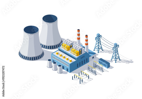 Industrial power plant with cooling towers and transmission towers viewed from an isometric perspective.
