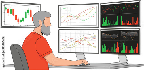 Bearded senior male trader analyzing financial stock market charts on multiple monitor screens in office for investment and data cryptocurrency trading