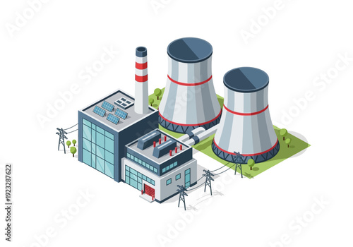 Isometric illustration of a nuclear power plant with cooling towers and wind turbines surrounding the facility