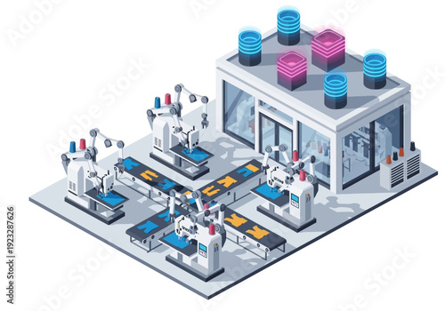 Εκτύπωση καμβά Industrial facility isometric view showcasing automated machines and data storag