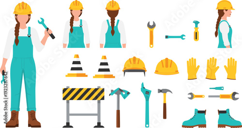 Female construction worker character sheet featuring front back and side views with safety equipment tools hard hat and uniform for industrial projects