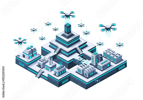 Isometric illustration of drones flying over industrial complex with various structures from aerial viewpoint