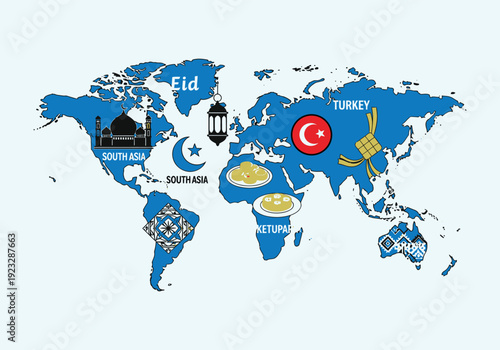Map highlighting Eid celebrations with cultural symbols in blue and yellow Turkey and South Asia regions