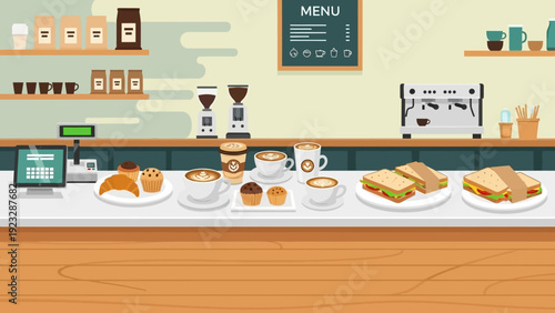 Coffee Shop Interior with Counter and Pastries.