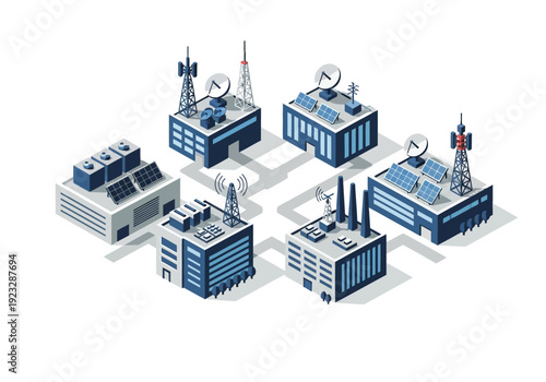 Isometric illustration of industrial buildings with satellite dishes and antennas in a futuristic cityscape viewed from above