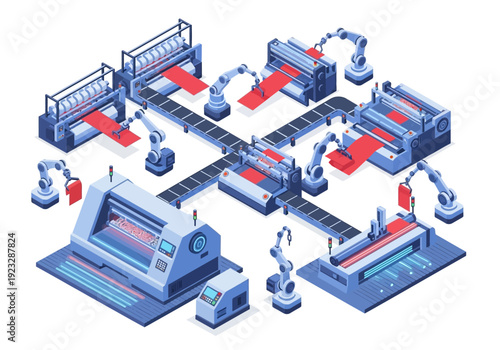 Industrial automation scene with robotic arms and conveyor belts in a manufacturing facility viewed from above