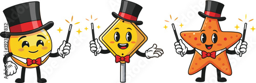 Set of cartoon magician characters featuring a smiling yellow sphere, a road sign, and a starfish wearing top hats and holding wands