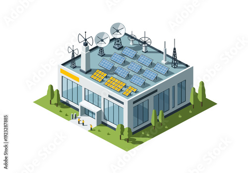 Isometric View of a Modern Technology Building with Solar Panels and Satellite Dishes on the Roof