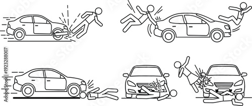 Vector line art icon set showing various pedestrian and car accident collision scenarios for safety education