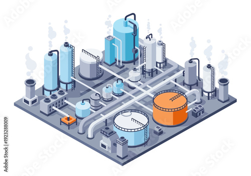Industrial facility with pipes and tanks viewed from above