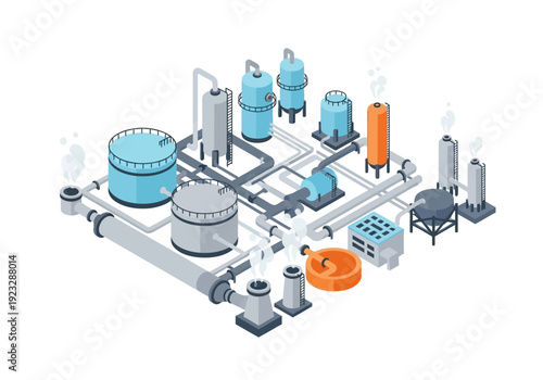 Industrial facility diagram with pipes, tanks, machinery, and equipment viewed from above in a technical illustration