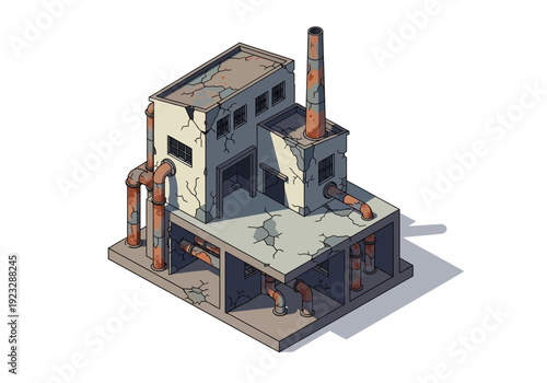 Abandoned industrial facility viewed from above with crumbling buildings and rusty machinery in a state of disrepair