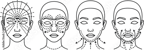 Vector line art set of facial massage directions and skincare application techniques for beauty routine