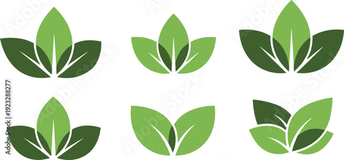 Green leaf logo and icon set featuring layered botanical shapes, organic plant symbols, eco friendly design elements, and natural growth concepts for sustainable branding projects