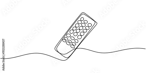 A modern minimalist one line drawing of a television remote control with a continuous wavy line perfect for media technology concepts entertainment industry branding or home electronics