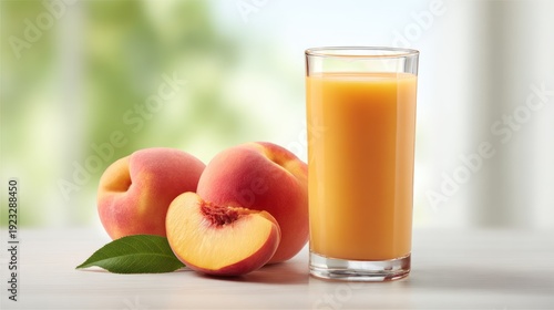 A glass of peach juice with fresh peaches on a white table.